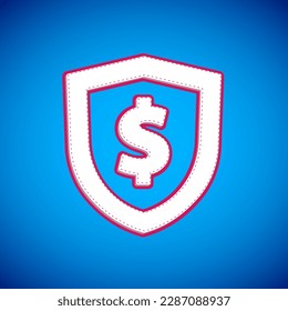 Escudo blanco con icono de símbolo del dólar aislado en fondo azul. Protección del escudo de seguridad. Concepto de seguridad monetaria.  Vector