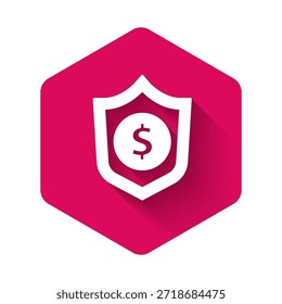 Escudo Branco com ícone de símbolo de dólar isolado com fundo de sombra longo. Proteção de escudo de segurança. Conceito de segurança monetária. Botão hexágono rosa. Vetor