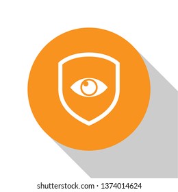 White Shield and eye icon isolated on white background. Security, safety, protection, privacy concept. Orange circle button. Vector Illustration