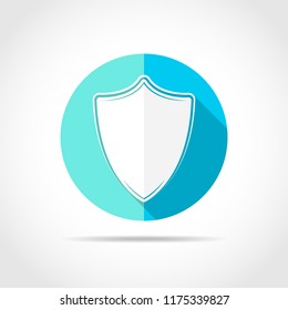 White shield in flat design with long shadow. Simple shield icon on a blue circle. Vector illustration.