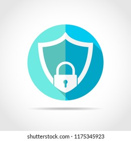 White shield in flat design with long shadow. Simple shield icon on a blue circle. Vector illustration.