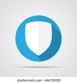 White shield in flat design with long shadow. Simple shield icon on a blue circle. Vector illustration.