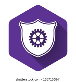 White Shield with gear icon isolated with long shadow. Purple hexagon button. Vector Illustration