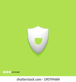 white shield with a green leaf on it, flat icon isolated on a green background for your design, ecology concept