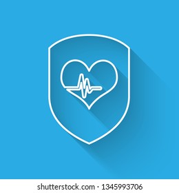 White Shield and heart rate icon isolated with long shadow. Health protection concept. Health care. Vector Illustration