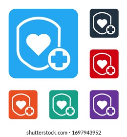 White Shield and heart rate icon isolated on white background. Health protection concept. Health care. Set icons in color square buttons. Vector Illustration