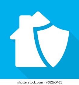White shield and house with long shadow on blue background. Vector illustration. Flat icon of insurance concept