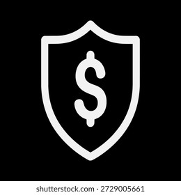 White shield icon with dollar sign on black background, symbolizing financial security and protection.