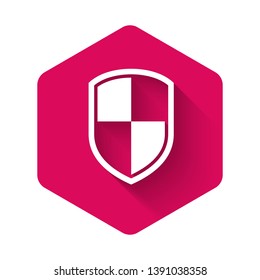 White Shield icon isolated with long shadow. Guard sign. Pink hexagon button. Vector Illustration
