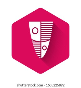 White Shield icon isolated with long shadow. Guard sign. Security, safety, protection, privacy concept. Pink hexagon button. Vector Illustration