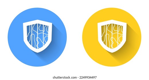 White Shield icon isolated with long shadow background. Guard sign. Security, safety, protection, privacy concept. Circle button. Vector