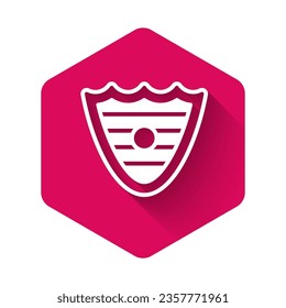 White Shield icon isolated with long shadow background. Guard sign. Security, safety, protection, privacy concept. Pink hexagon button. Vector