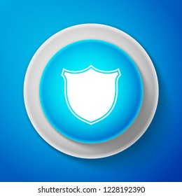 White Shield icon isolated on blue background. Guard sign. Circle blue button with white line. Vector Illustration