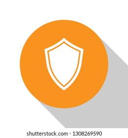 White Shield icon isolated on white background. Guard sign. Orange circle button. Flat design. Vector Illustration