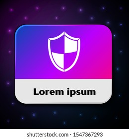 White Shield icon isolated on black background. Guard sign. Security, safety, protection, privacy concept. Rectangle color button. Vector Illustration