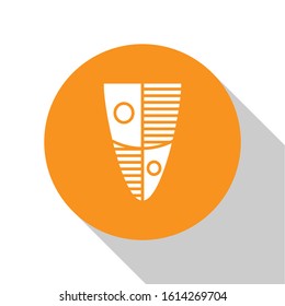 White Shield icon isolated on white background. Guard sign. Security, safety, protection, privacy concept. Orange circle button. Vector Illustration