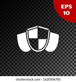 White Shield icon isolated on transparent dark background. Guard sign. Security, safety, protection, privacy concept.  Vector Illustration
