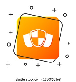White Shield icon isolated on white background. Guard sign. Security, safety, protection, privacy concept. Orange square button. Vector Illustration
