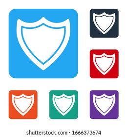 Icono de Escudo blanco aislado en fondo blanco. Signo de guardia. Seguridad, protección, concepto de privacidad. Establecer iconos en botones cuadrados de color. Ilustración vectorial