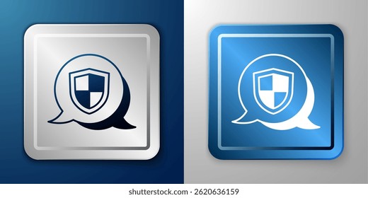 Ícone de Escudo Branco isolado no plano de fundo azul e cinza. Conceito de seguro. Sinal de guarda. Segurança, proteção, conceito de privacidade. Botão quadrado prata e azul. Vetor