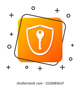 White Shield with key icon isolated on white background. Protection and security concept. Safety badge icon. Privacy banner. Defense tag. Orange square button. Vector Illustration