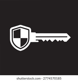White shield key icon on black background for security protection and safety concepts