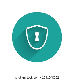 White Shield with keyhole icon isolated with long shadow. Protection, security concept. Safety badge icon. Privacy banner. Defense tag. Green circle button. Vector Illustration