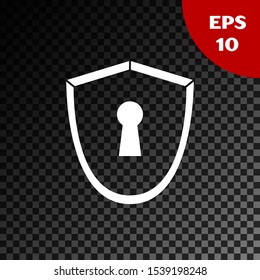 White Shield with keyhole icon isolated on transparent dark background. Protection, security concept. Safety badge icon. Privacy banner. Defense tag.  Vector Illustration