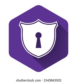 White Shield with keyhole icon isolated with long shadow. Protection and security concept. Safety badge icon. Privacy banner. Defense tag. Purple hexagon button. Vector Illustration