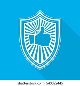 White shield with like hand icon, on blue background. Shield icon in flat style with long shadow. Vector illustration