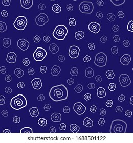 White Shield with mail and e-mail icon isolated seamless pattern on blue background. Guard sign. Security, safety, protection, privacy concept.  Vector Illustration