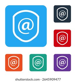 Escudo Branco com email e ícone de e-mail isolado no fundo branco. Sinal de guarda. Segurança, proteção, conceito de privacidade. Defina ícones em botões quadrados de cor. Ilustração de vetor