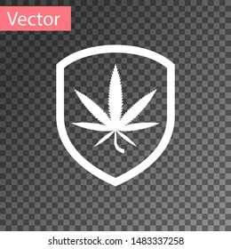 White Shield and marijuana or cannabis leaf icon isolated on transparent background. Marijuana legalization. Hemp symbol.  Vector Illustration