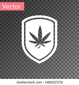 White Shield and marijuana or cannabis leaf icon isolated on transparent background. Marijuana legalization. Hemp symbol.  Vector Illustration