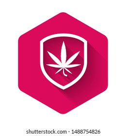 White Shield and marijuana or cannabis leaf icon isolated with long shadow. Marijuana legalization. Hemp symbol. Pink hexagon button. Vector Illustration
