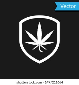 White Shield and marijuana or cannabis leaf icon isolated on black background. Marijuana legalization. Hemp symbol.  Vector Illustration