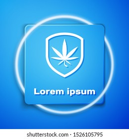 White Shield and marijuana or cannabis leaf icon isolated on blue background. Marijuana legalization. Hemp symbol. Blue square button. Vector Illustration