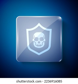 White Shield with pirate skull icon isolated on blue background. Square glass panels. Vector