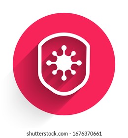 White Shield protecting from virus, germs and bacteria icon isolated with long shadow. Immune system concept. Corona virus 2019-nCoV. Red circle button. Vector Illustration