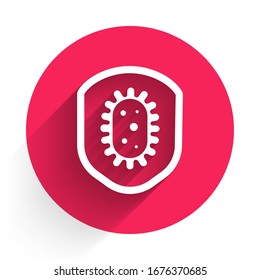 White Shield protecting from virus, germs and bacteria icon isolated with long shadow. Immune system concept. Corona virus 2019-nCoV. Red circle button. Vector Illustration