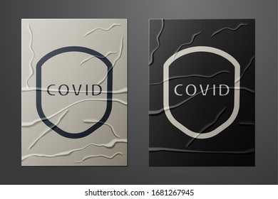 Escudo blanco protegiéndose del virus, los gérmenes y las bacterias icono aislado en el fondo de papel desmenuzado.Concepto de sistema inmunológico. Virus corona covid-19. Estilo de arte de papel. Ilustración vectorial