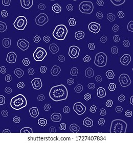 White Shield protecting from virus, germs and bacteria icon isolated seamless pattern on blue background. Immune system concept. Corona virus 2019-nCoV.  Vector Illustration