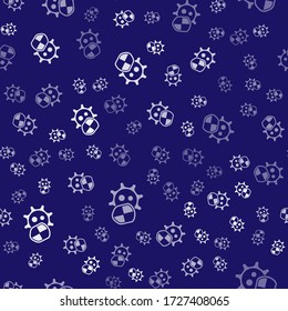 Escudo blanco protegiendo del virus, gérmenes y bacterias icono aislado patrón sin fisuras en el fondo azul. Concepto de sistema inmune. Virus Corona 2019-nCoV.  Ilustración vectorial