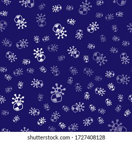 White Shield protecting from virus, germs and bacteria icon isolated seamless pattern on blue background. Immune system concept. Corona virus 2019-nCoV.  Vector Illustration