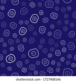 White Shield protecting from virus, germs and bacteria icon isolated seamless pattern on blue background. Immune system concept. Corona virus 2019-nCoV.  Vector Illustration
