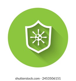 White Shield protecting from virus, germs and bacteria icon isolated with long shadow. Immune system concept. Corona virus 2019-nCoV. Green circle button. Vector