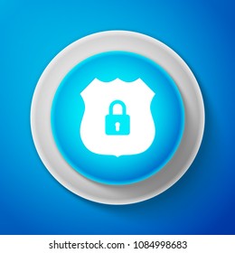 White Shield security icon isolated on blue background. Circle blue button with white line. Vector Illustration