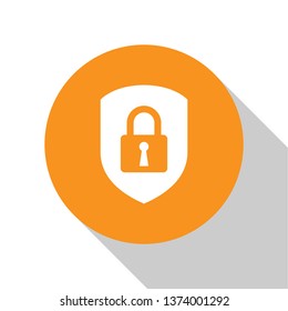 White Shield security with lock icon isolated on white background. Protection, safety, password security. Firewall access privacy sign. Orange circle button. Vector Illustration