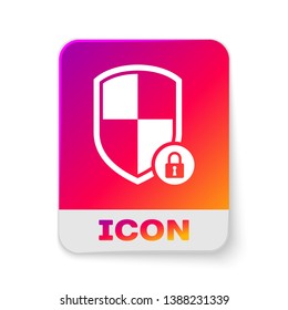 White Shield security with lock icon isolated on white background. Protection, safety, password security. Firewall access privacy sign. Rectangle color button. Vector Illustration