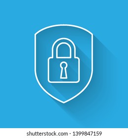 White Shield security with lock line icon isolated with long shadow. Protection, safety, password security. Firewall access privacy sign. Vector Illustration
